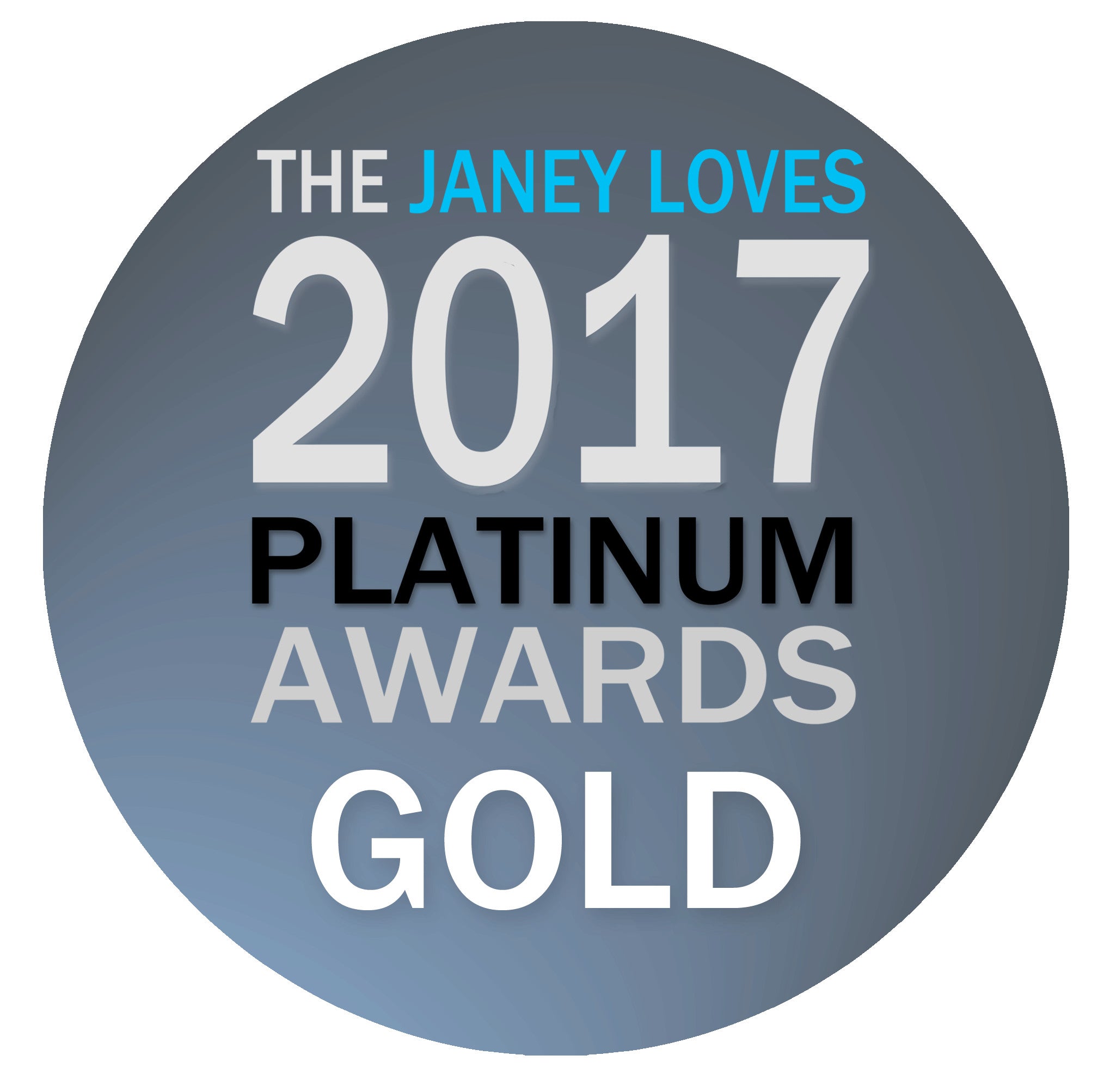 The Janey Loves 2017 Platinum Awards Gold Logo featuring Bulgarian Rose (Rosa Damascena).