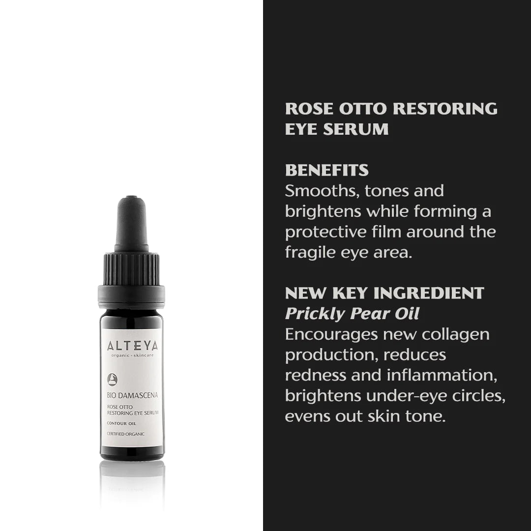 Organic Rose Otto Restoring Eye Serum Bio Damascena with a skin-reviving complex, Rose Otto.