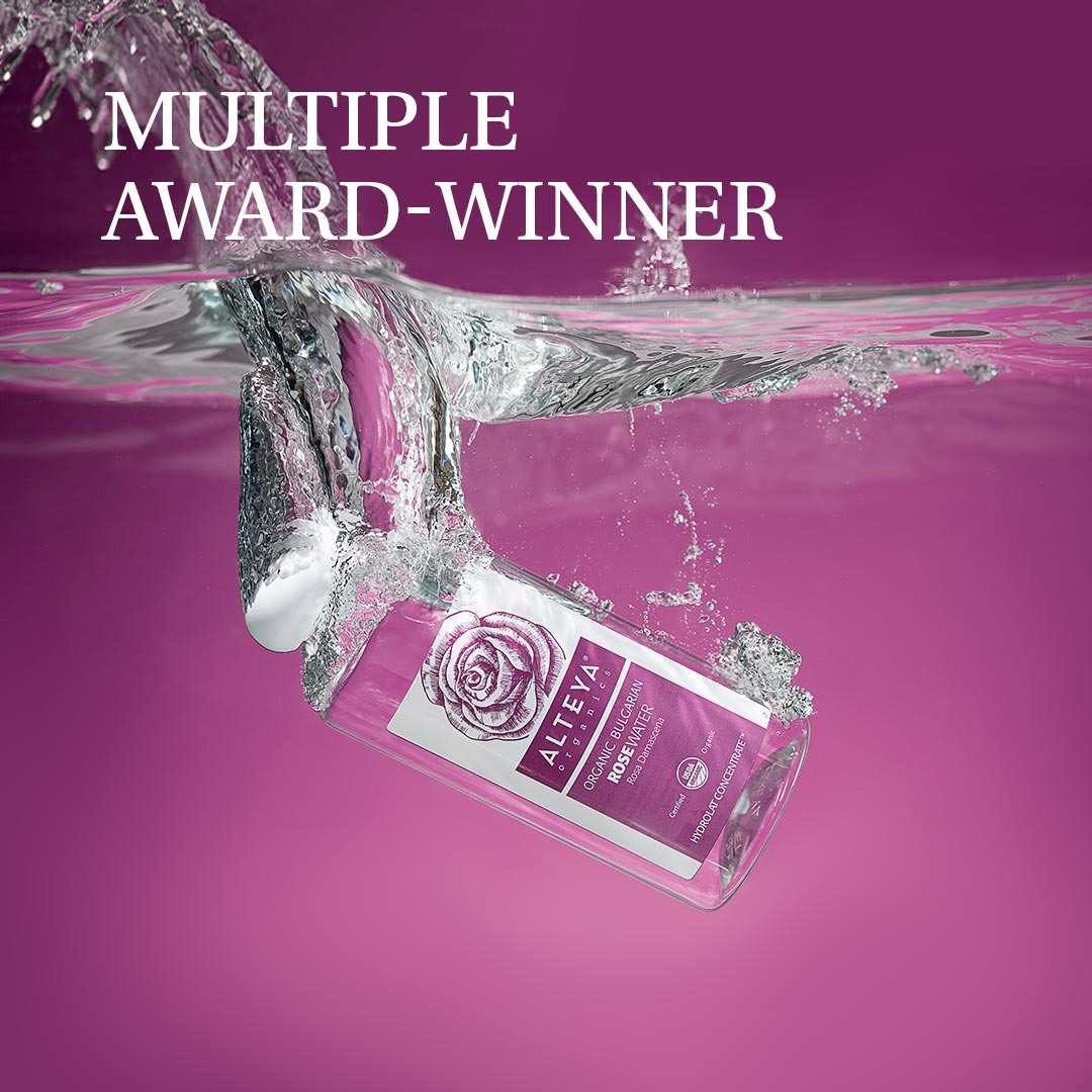 A bottle of Rosa Damascena water, a multiple award-winning Bulgarian rose product.