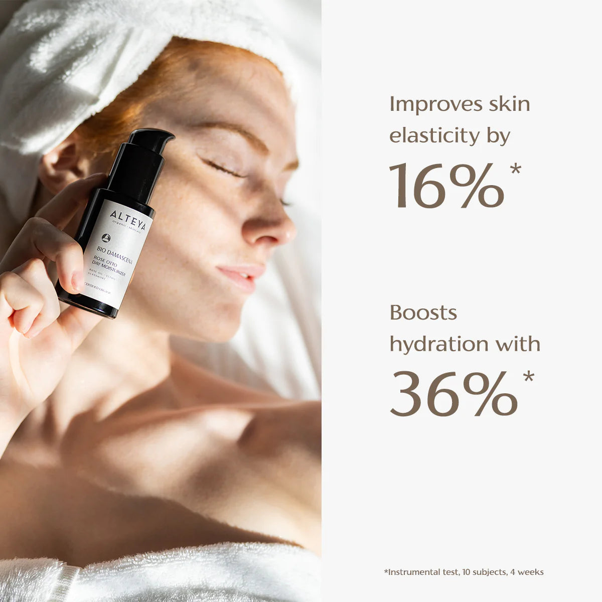 A woman is lying on a bed with the words rejuvenate skin elasticity by 35% and boost hydration by 35%, using Bio Damascena Rose Otto Day Moisturizer, a certified organic daily moisturizer.