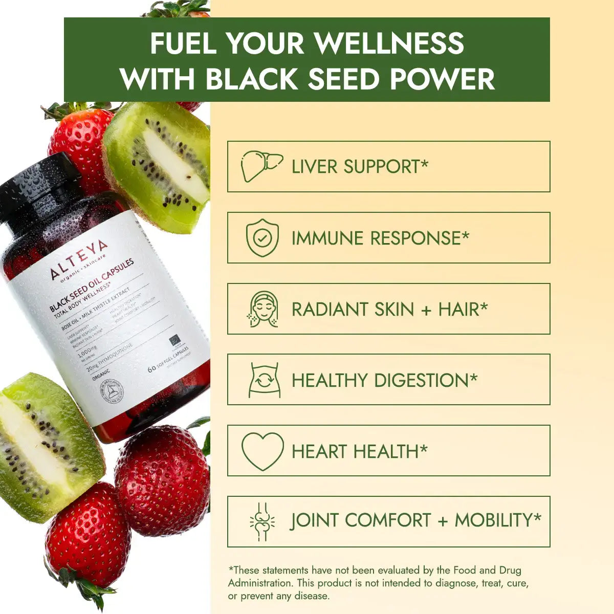 A bottle of BLACK SEED OIL CAPSULES ROSE OIL + MILK THISTLE EXTRACT is surrounded by kiwi and strawberries, highlighting benefits for liver health, heart health, and immune support.