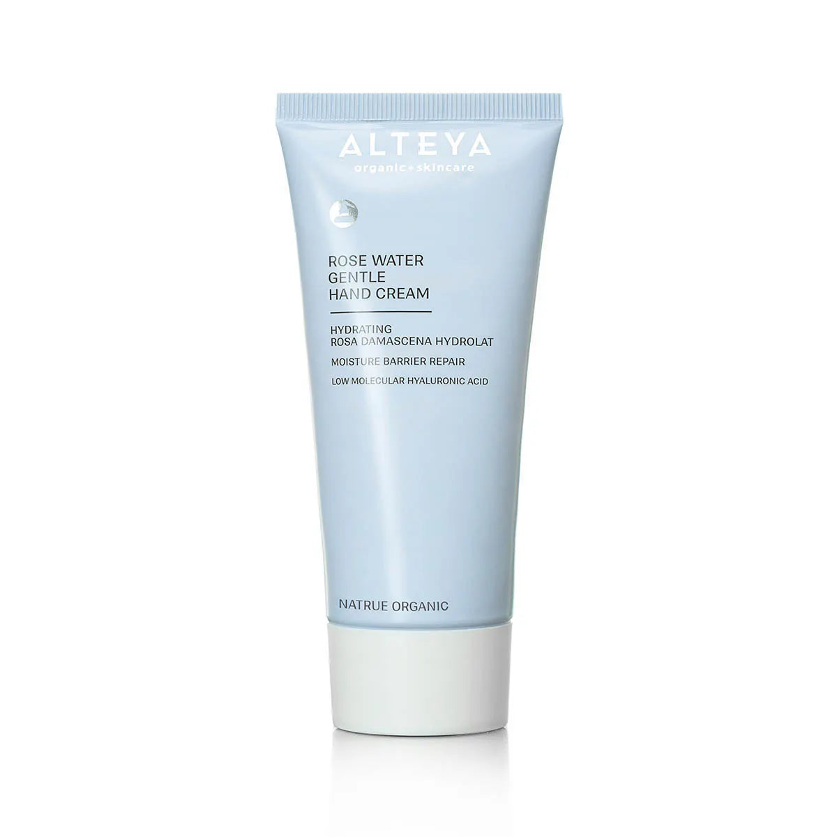An organic tube of Organic Rose Water Gentle Hand Cream on a white background.