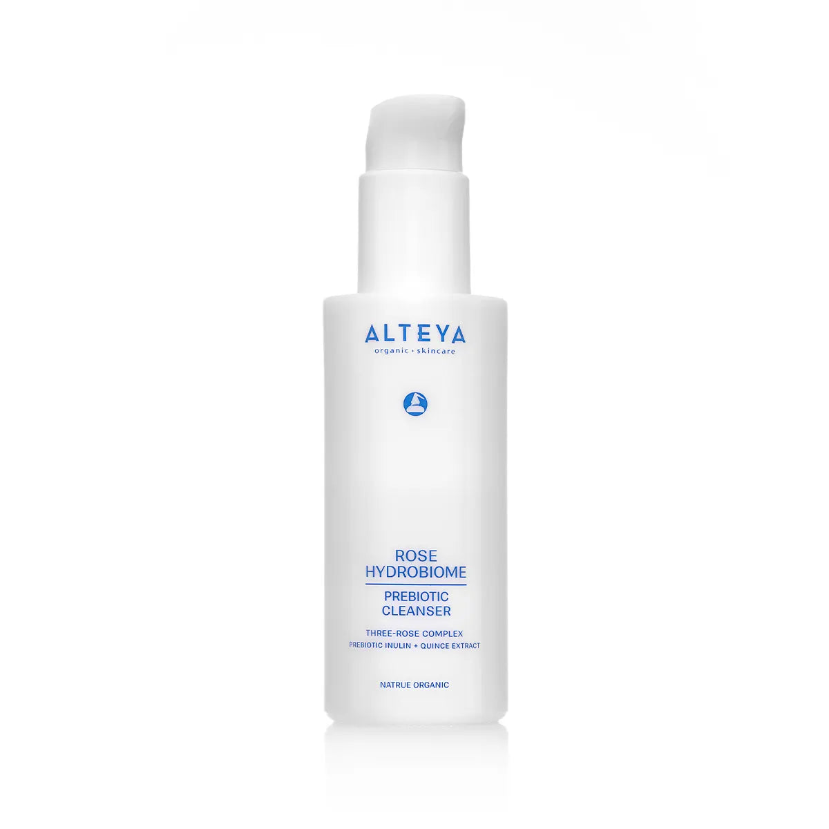 A white bottle of Rose Hydrobiome Prebiotic Cleanser from Alteya Organic Skin Care featuring Rosa Damascena with blue text and a pump dispenser.