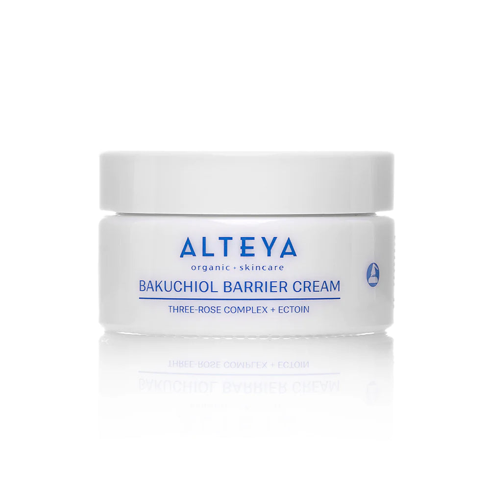 A white jar labeled "Rose Hydrobiome Bakuchiol Barrier Cream, Three-Rose Complex + Ectoin," featuring the innovative Skinbiome+ blend against a pristine white background.