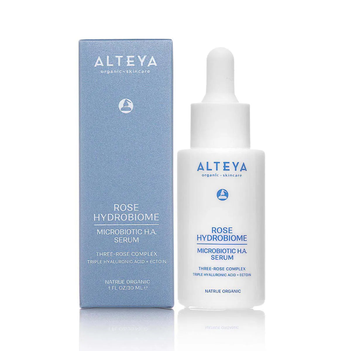 Alteya Organics Rose Hydrobiome Microbiotic H.A. Serum displayed with packaging.