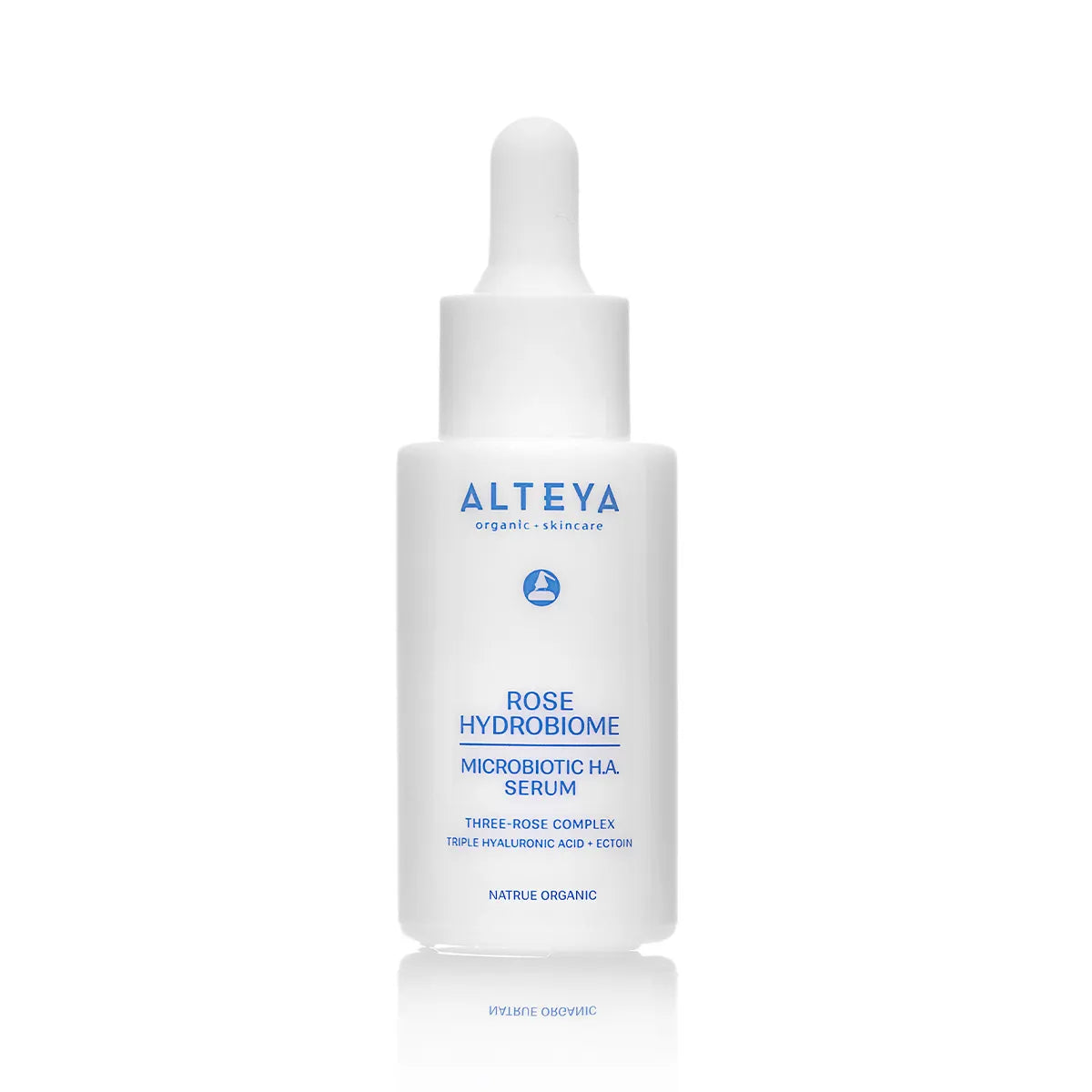 A bottle of Rose Hydrobiome Microbiotic H.A. Serum against a white background.