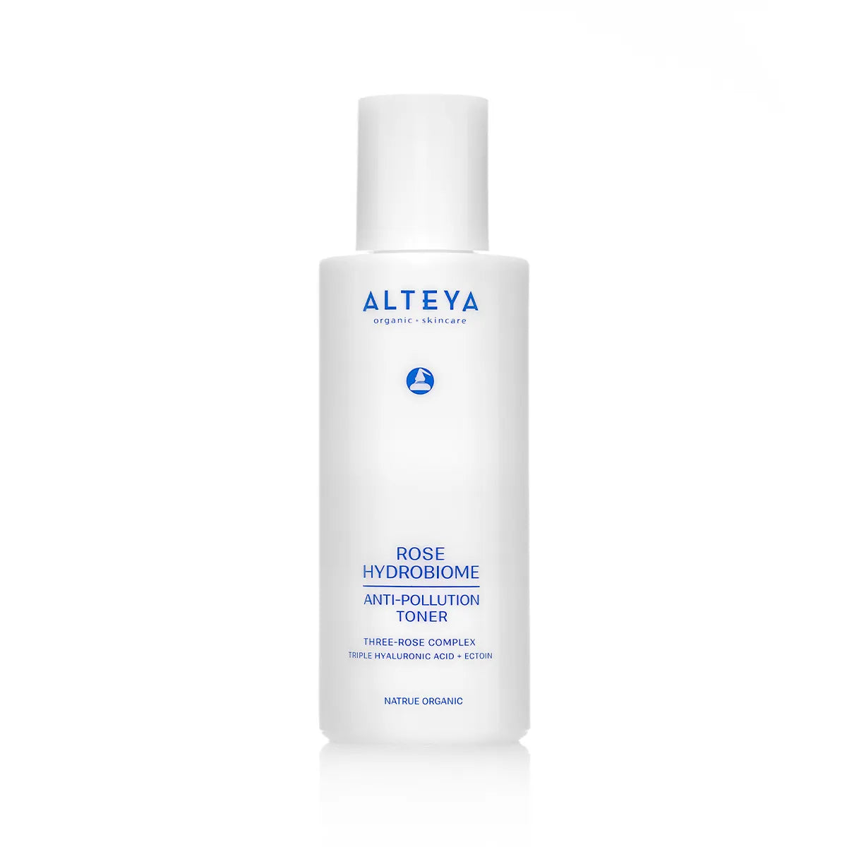 White bottle of Rose Hydrobiome Anti-Pollution Toner with blue and black text, against a white background.