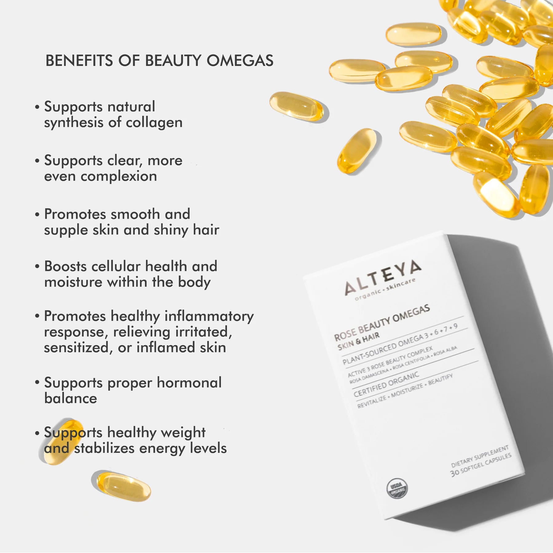 The organic benefits of Rose Beauty Omegas Skin & Hair Organic Supplement for skin and hair.