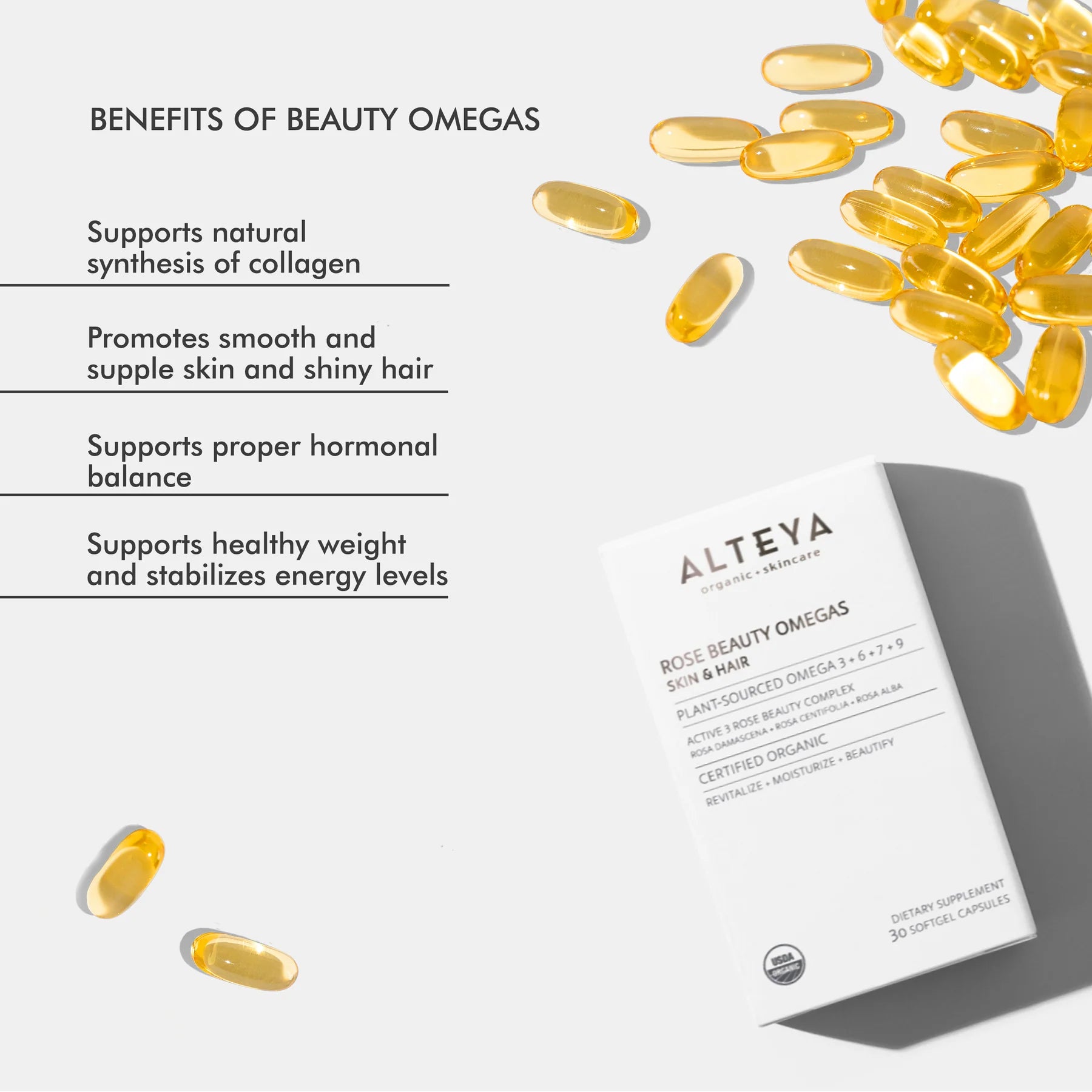 Discover the organic benefits of Rose Beauty Omegas Skin & Hair Organic Supplement for healthy skin and hair.