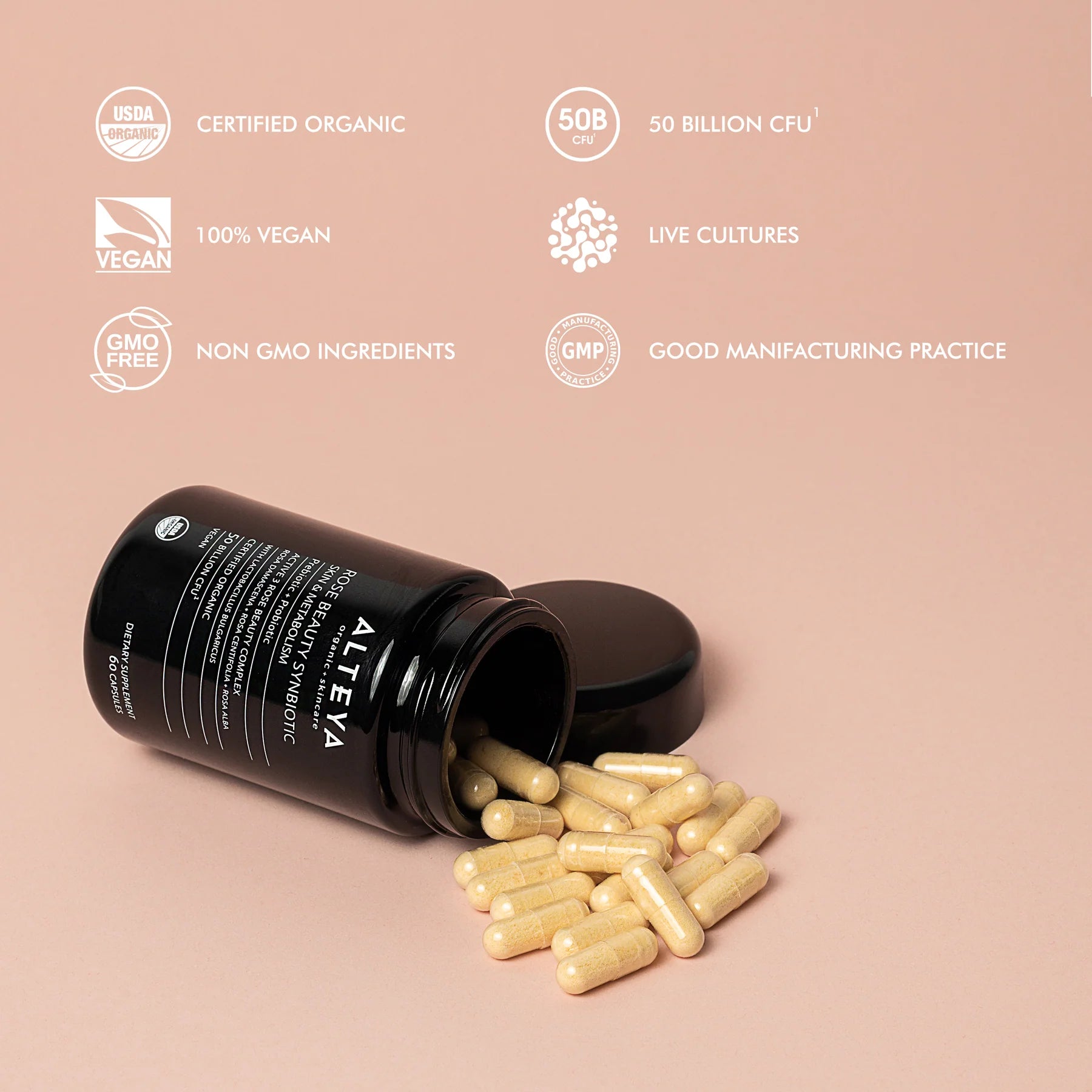 A jar of Rose Beauty Prebiotic and Probiotic - Synbiotic Skin & Metabolism Vegan Organic Supplement on a pink background.