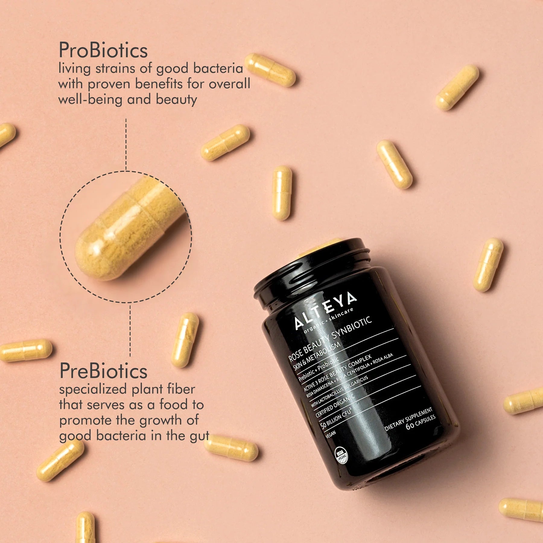 An organic bottle of Rose Beauty Prebiotic and Probiotic - Synbiotic Skin & Metabolism Vegan Organic Supplement on a pink background, promoting gut health.