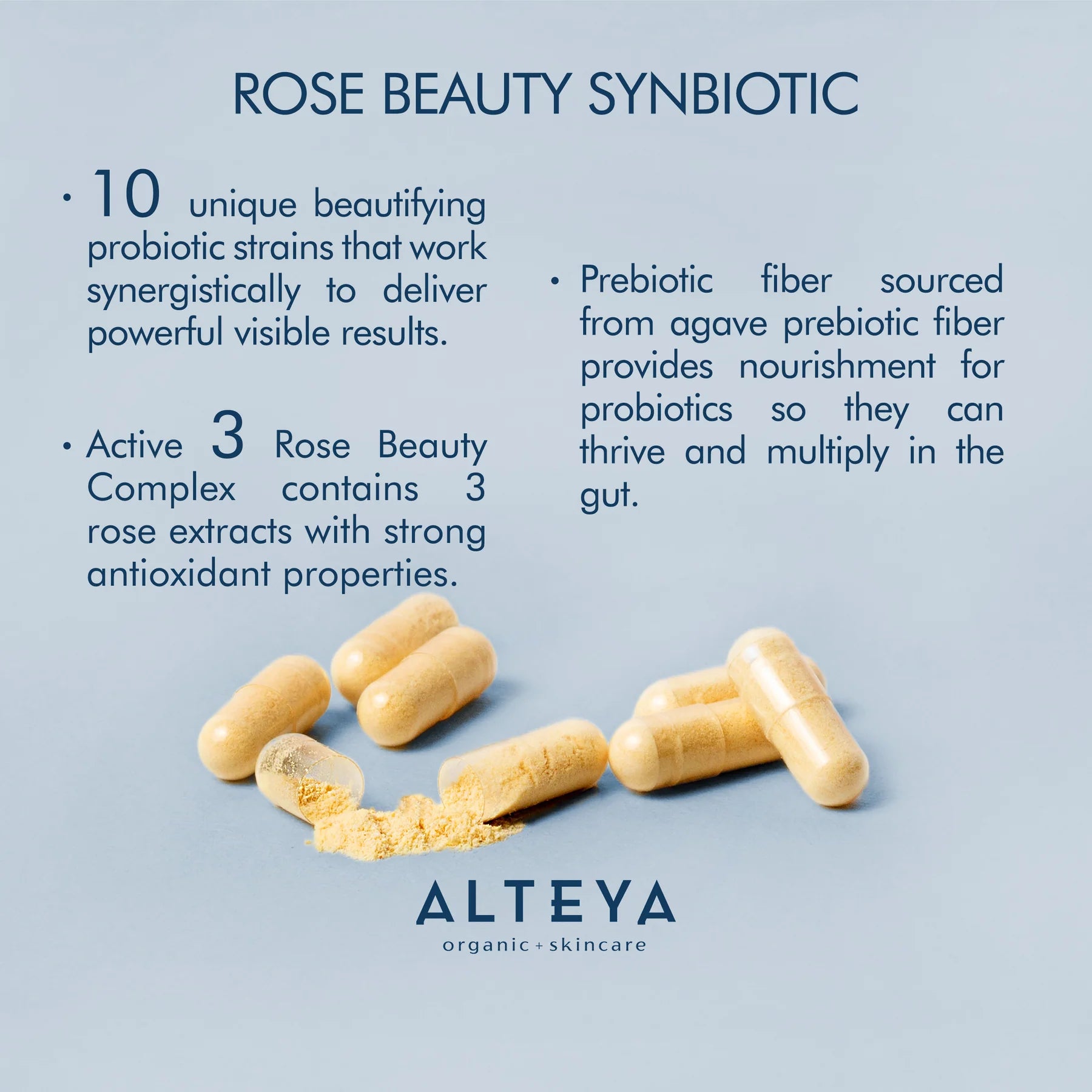 Rose Beauty Prebiotic and Probiotic - Synbiotic Skin & Metabolism Vegan Organic Supplement is a health supplement that promotes skin appearance and gut health. It harnesses the power of organic ingredients to enhance natural beauty from within.