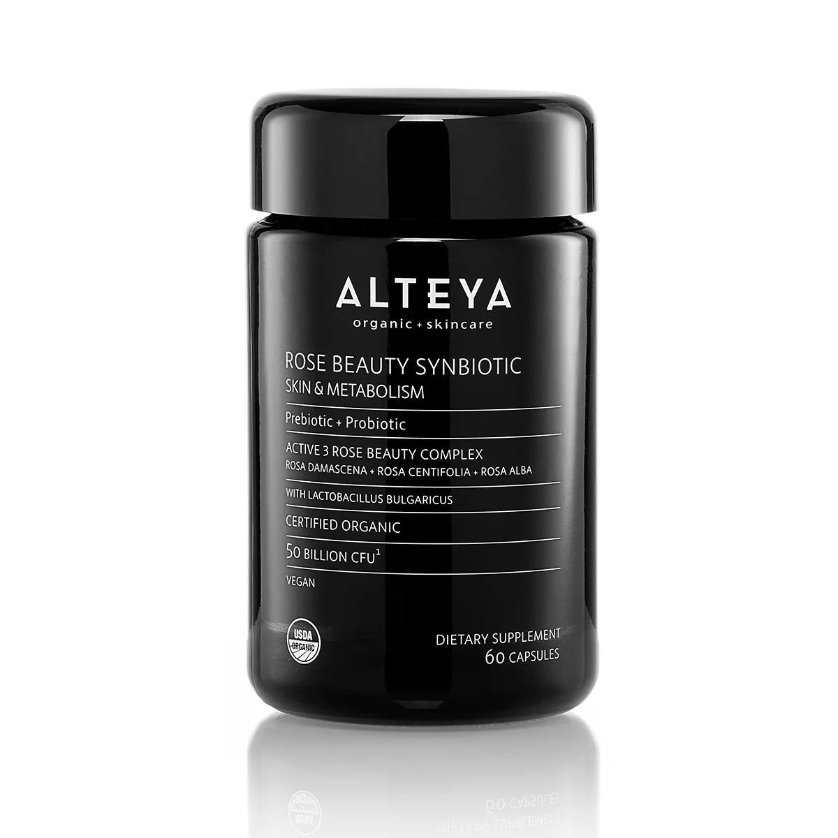 A bottle of Rose Beauty Prebiotic and Probiotic - Synbiotic Skin & Metabolism Vegan Organic Supplement, specially formulated to promote healthy skin appearance while nourishing your gut health.