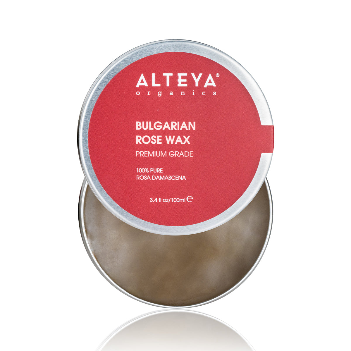 A round tin container labeled "Alteya Organics 100% Pure Rose Concrete" with a red lid partially opened, revealing the wax inside. This natural product holds 3.4 fl oz (100 ml) of essential oils derived from Rose Concrete.