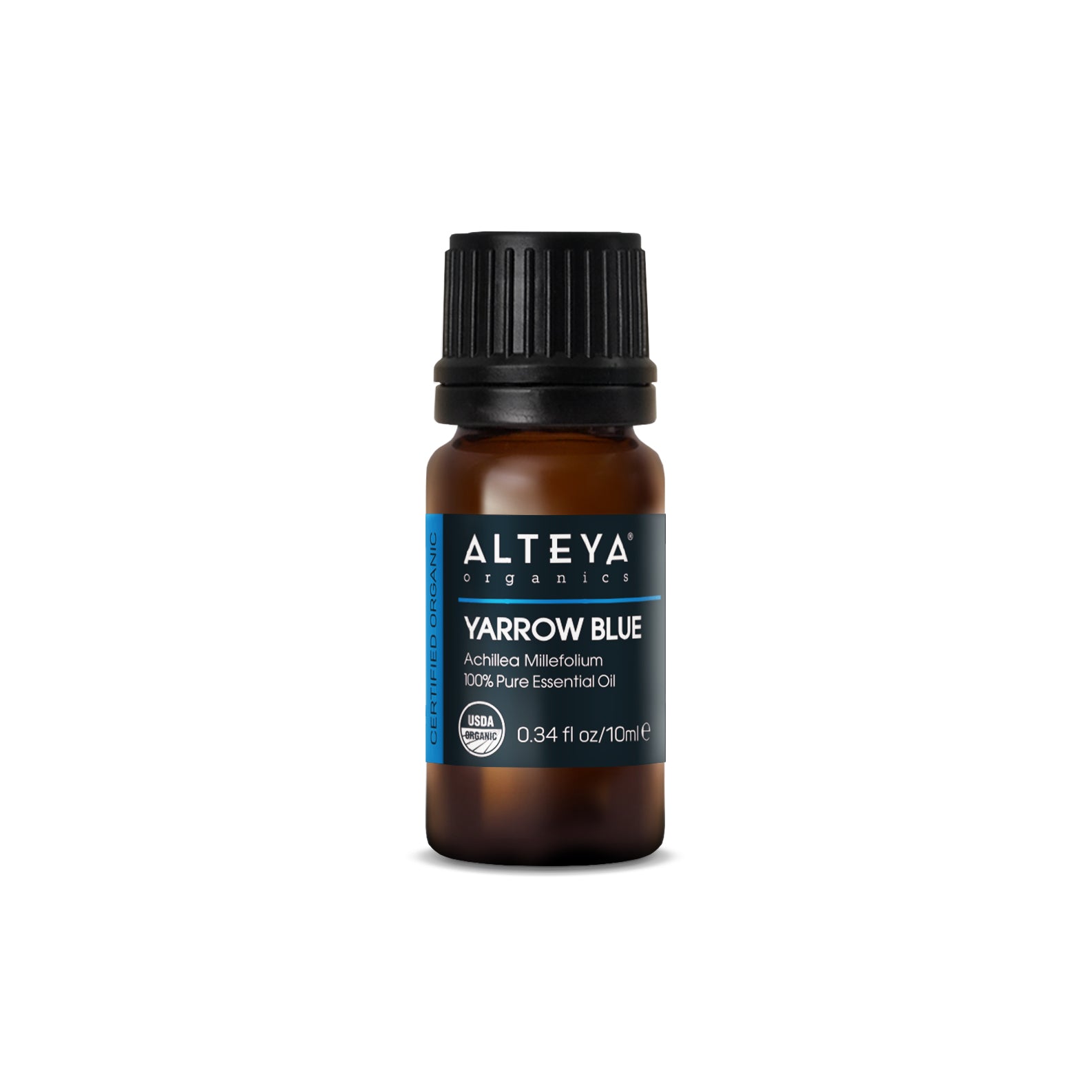 A small brown bottle labeled "Yarrow, Blue essential oil /Achillea millefolium/, 100% pure essential oil" on a white background.