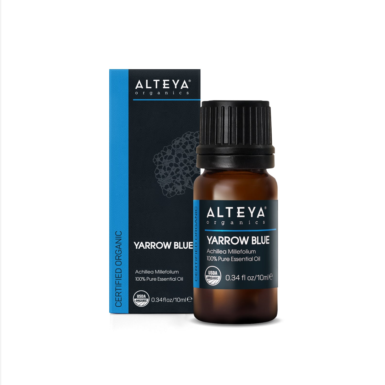 Bottle of Yarrow, Blue essential oil /Achillea millefolium/ next to its box, isolated on a white background.