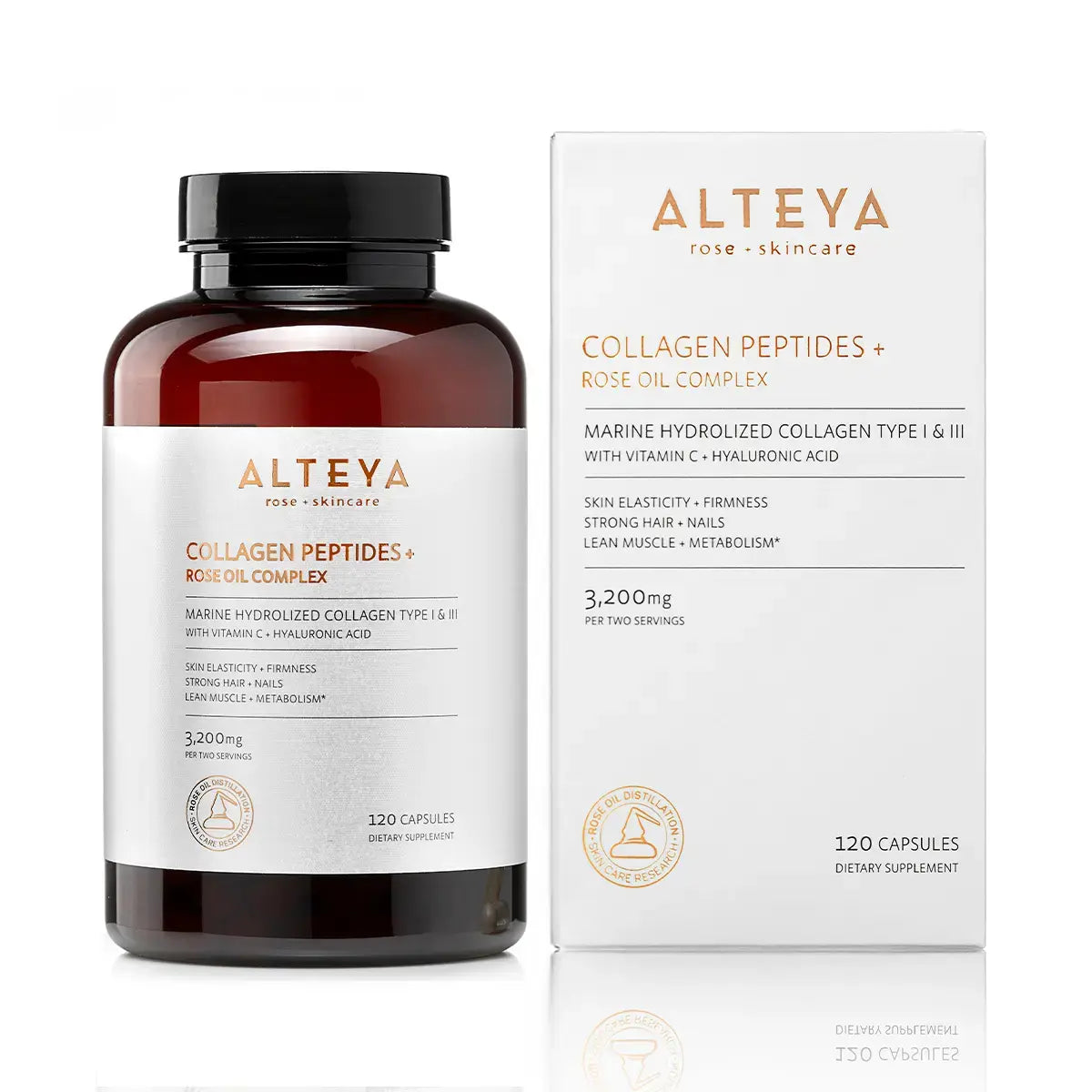 Box and bottle of Collagen Peptides + Rose Oil Complex Dietary Supplement, with 120 capsules to boost skin elasticity, hair strength, and metabolism. Ideal for nourishing hair and nails while promoting youthful firmness. Contains marine hydrolyzed collagen Type I & III with Vitamin C + Hyaluronic Acid.