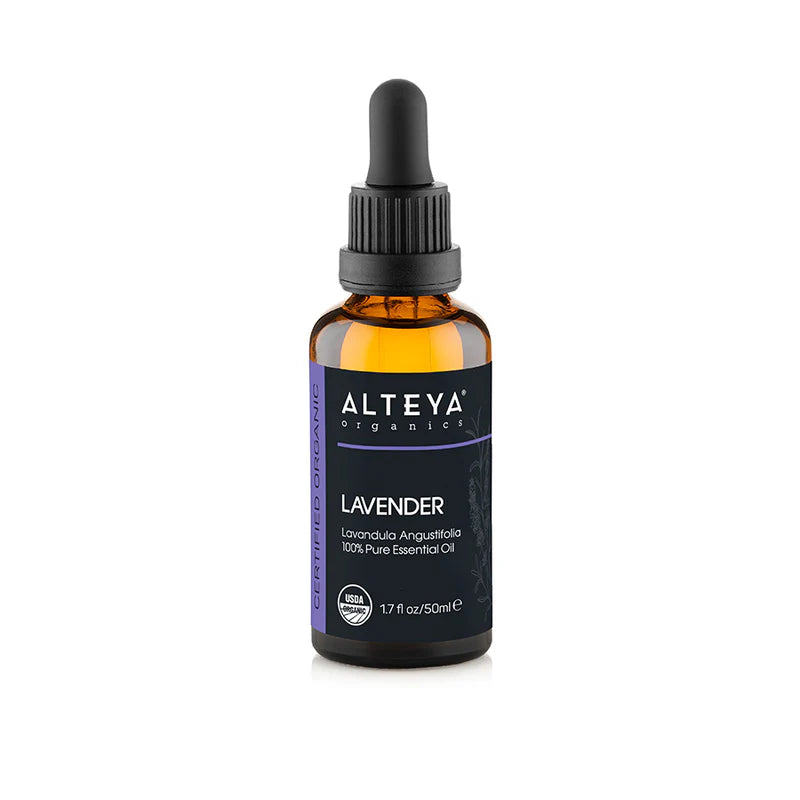 A brown glass bottle labeled "Alteya Organics Lavender" with a dropper cap, perfect for skincare and aromatherapy, contains 1.7 fl oz (50 ml) of 100% pure Bulgarian Lavender essential oil /Lavandula vera/.