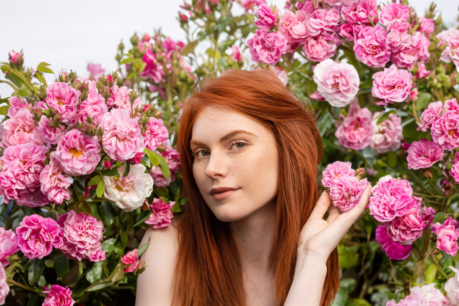 A woman with red hair is surrounded by Bulgarian roses.
