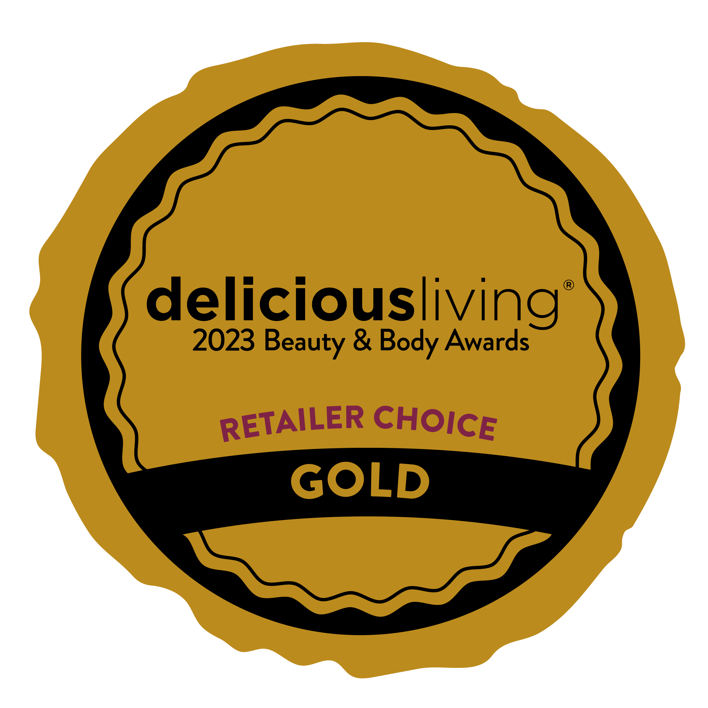 A badge with the words delicious living retailer choice rose fields.