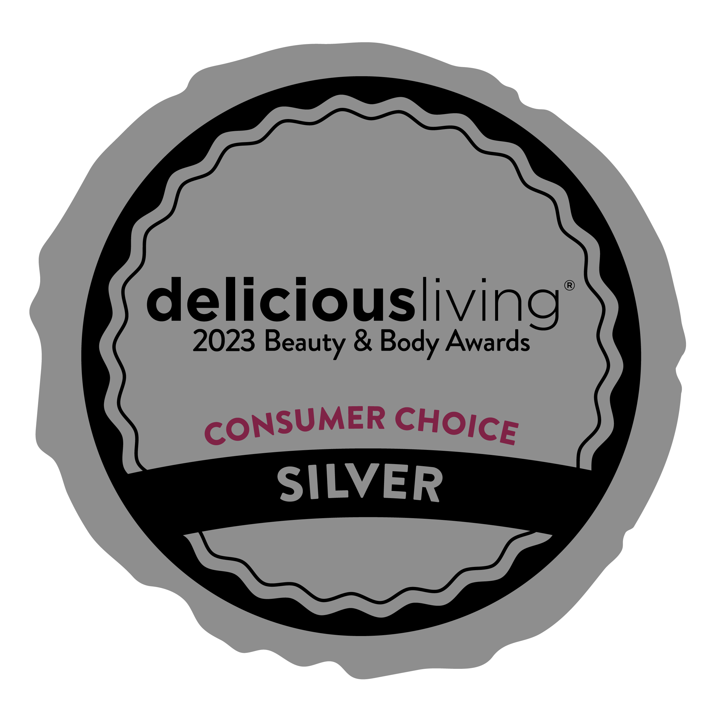 A silver badge showcasing the delicious living consumer choice and featuring the words Bulgarian Rose.
