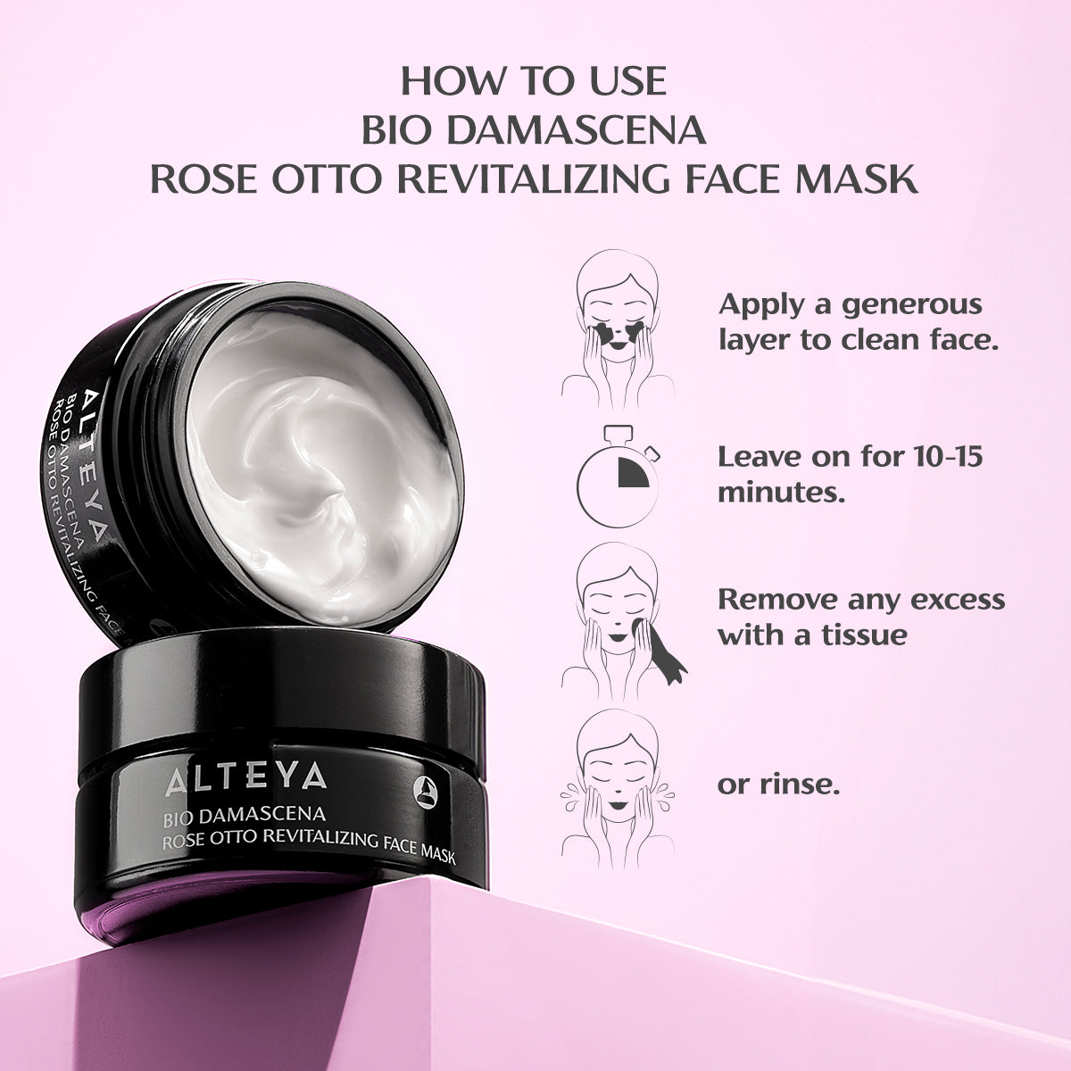 Product advertisement for BIO DAMASCENA ROSE OTTO REVITALIZING FACE MASK, designed to leave you with a glowing complexion. Instructions: Apply evenly to clean, dry