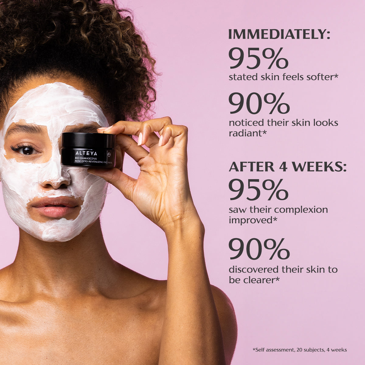 A person applying a BIO DAMASCENA ROSE OTTO REVITALIZING FACE MASK while holding a skincare product, with statistics on skin improvement over time displayed on the side.