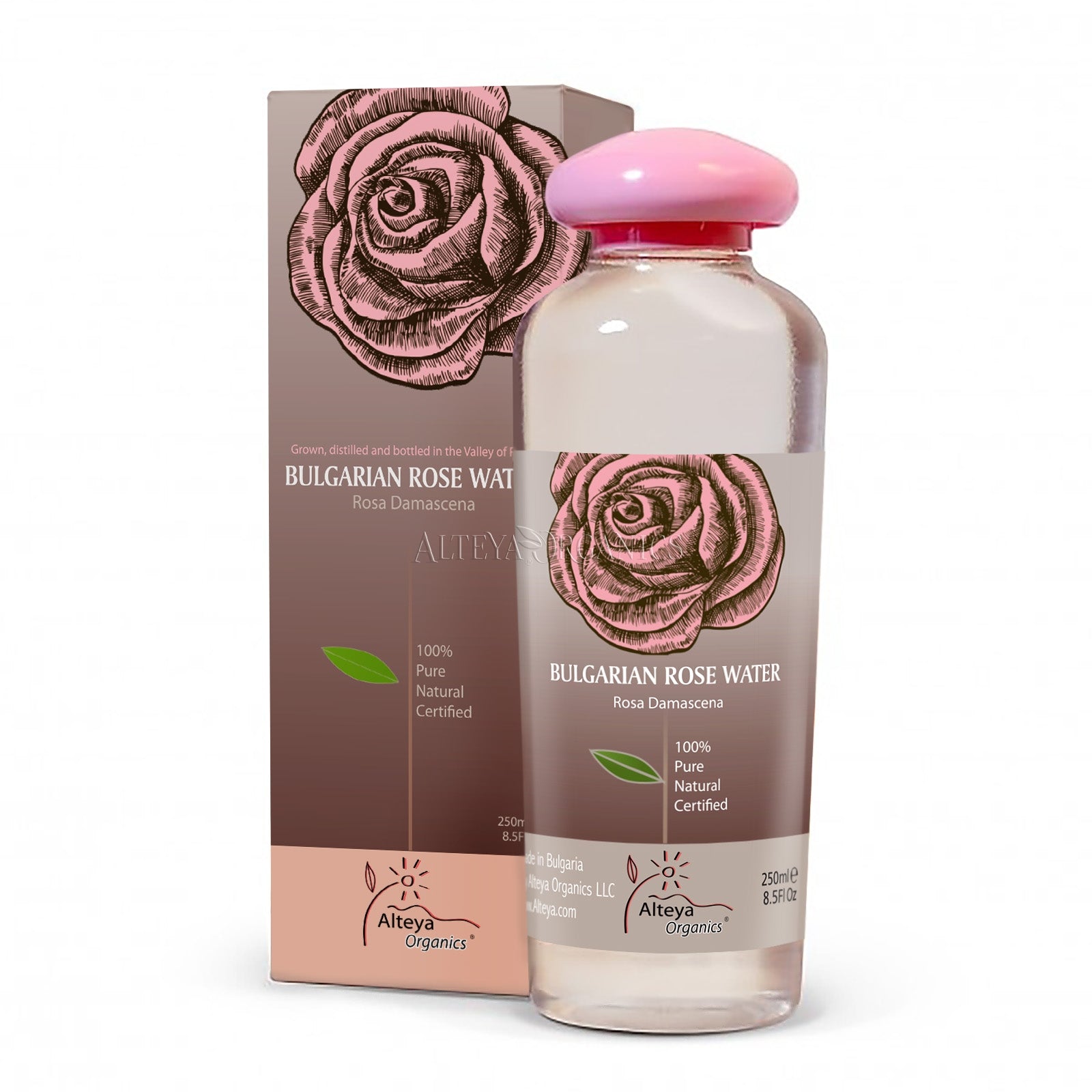 A box containing a bottle of Natural Bulgarian Rose Water, a 100% natural product.