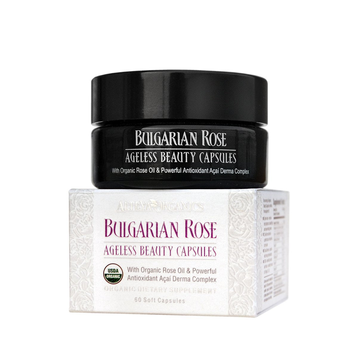 A jar of antioxidant-rich Ageless Beauty Capsules Bulgarian Rose, infused with the rejuvenating power of Organic Rose Oil. These capsules are specially formulated with the potent Derma Complex to combat wrinkles and promote