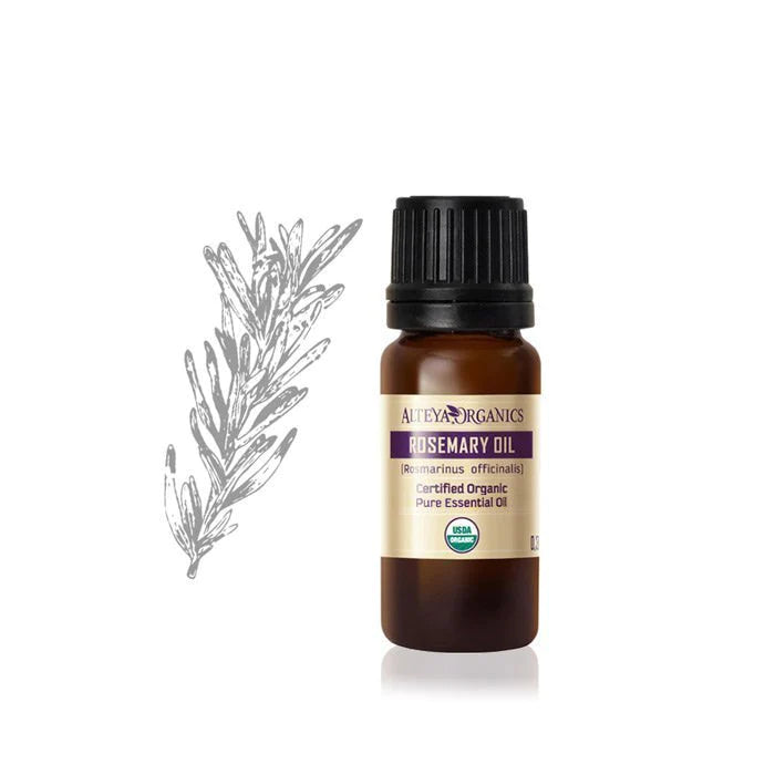 Rosmarinus officinalis essential oil with a white background encourages hair growth.