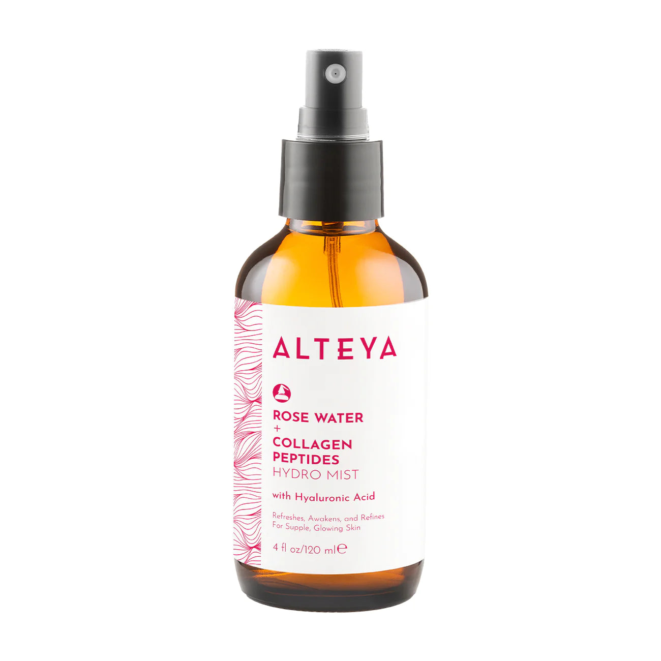 A bottle of the &quot;Rose Water Face Toner with Collagen Peptides and Hyaluronic Acid&quot; for skin rejuvenation on a white background.