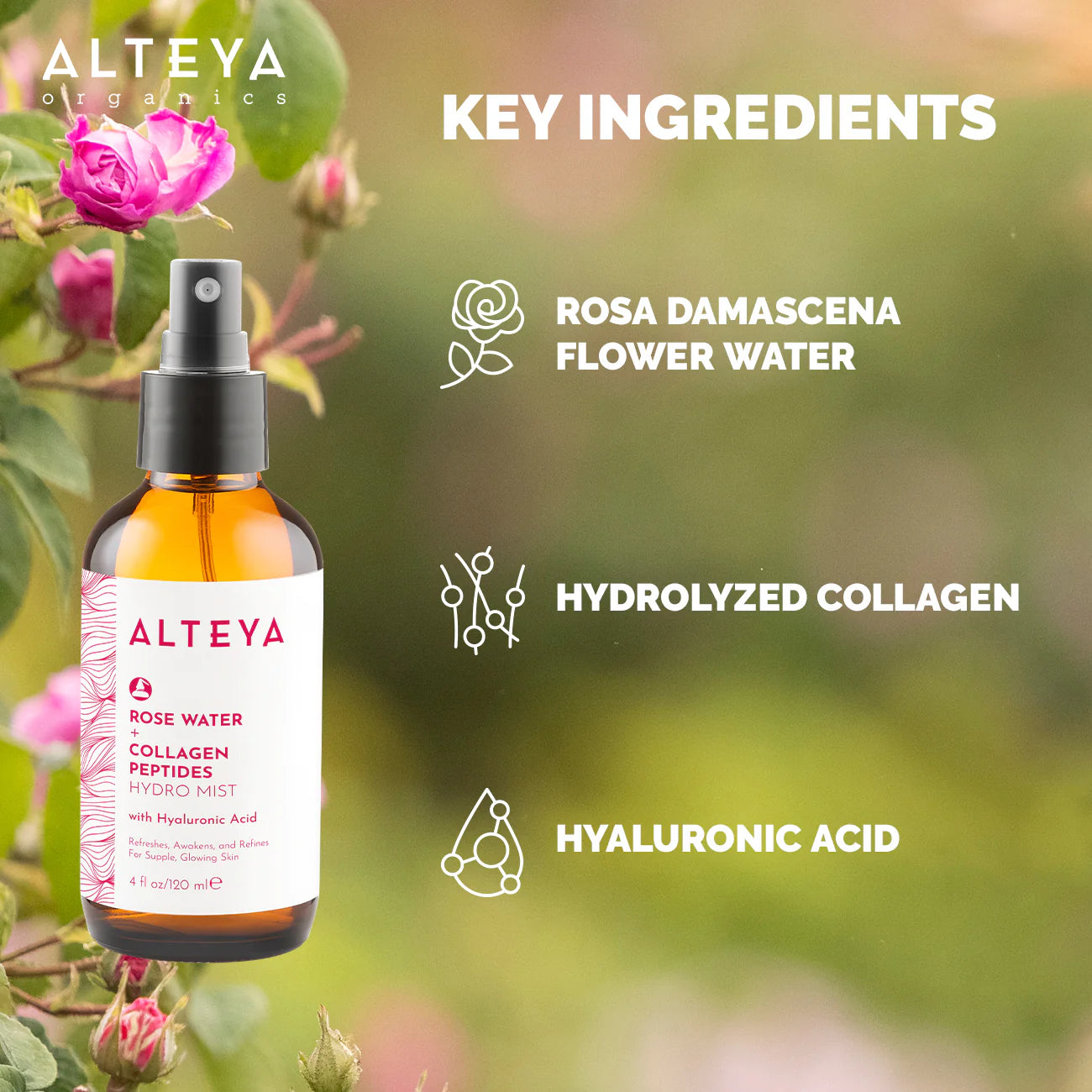 A hydrating mist of Rose Water Face Toner with Collagen Peptides and Hyaluronic Acid, perfect for sensitive skin.