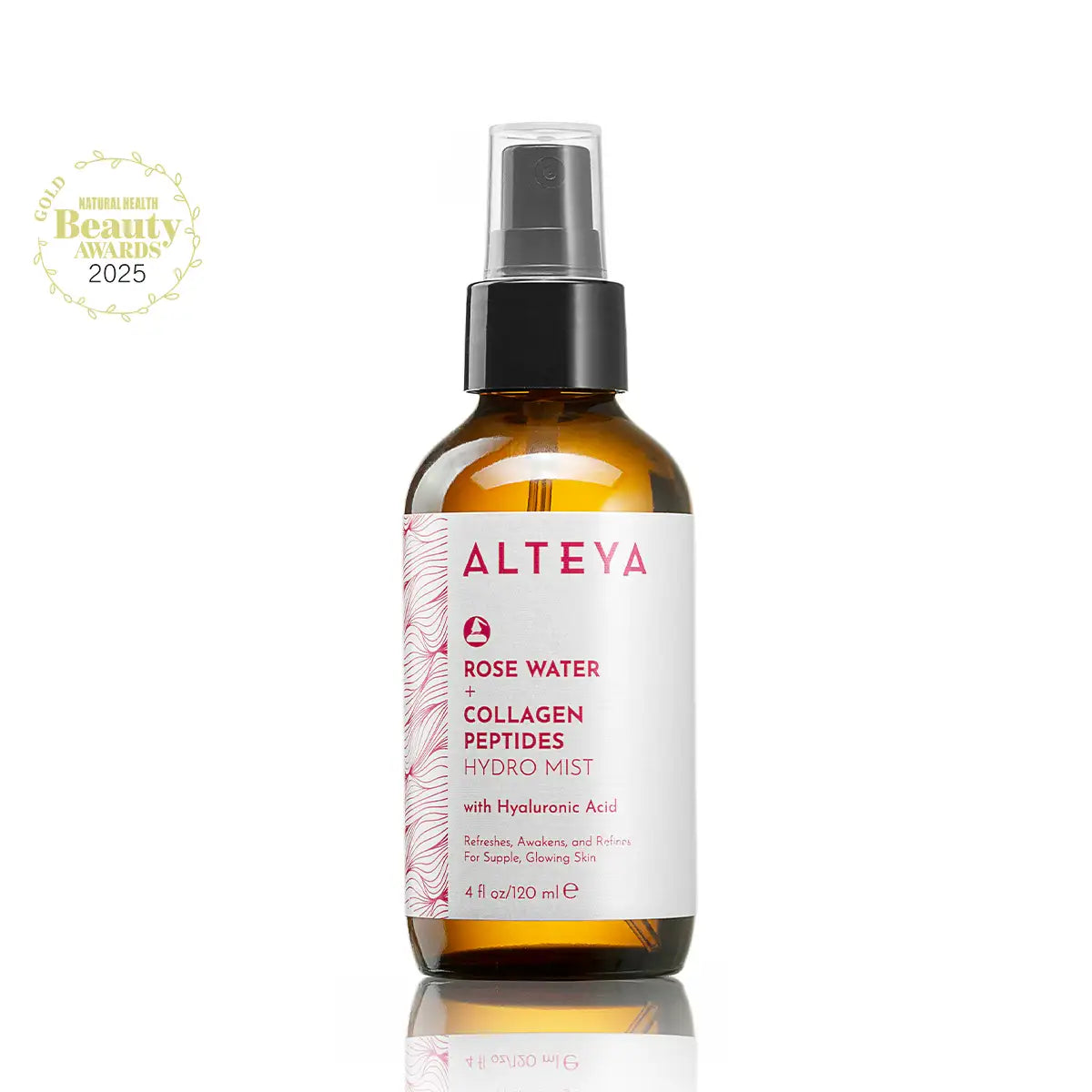 A bottle of the "Rose Water Face Toner with Collagen Peptides and Hyaluronic Acid" for skin rejuvenation on a white background.