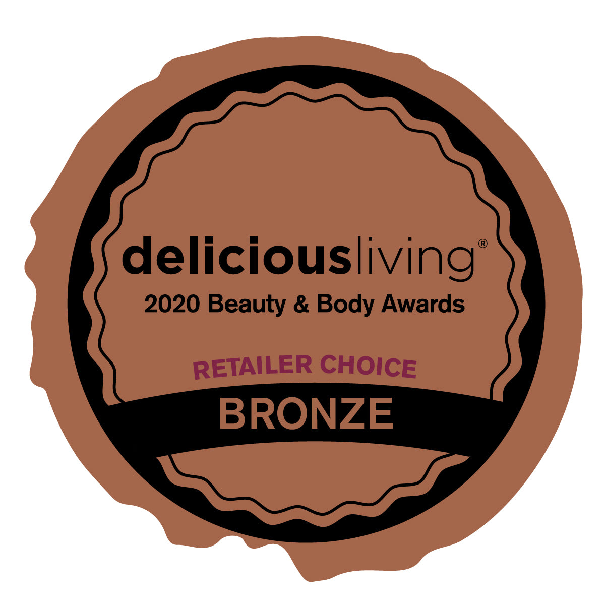 An exquisite badge adorned with the words "delicious living 2020 beauty and body awards".