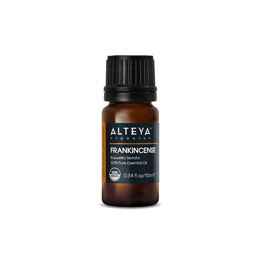 Alteya Organics Organic Frankincense Oil /Boswellia Carterii/ in a small amber glass bottle with a black cap, labeled clearly in white text.