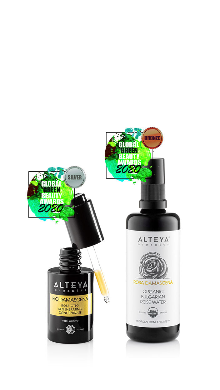 Two bottles of Alteya's Aveta products on a white background.