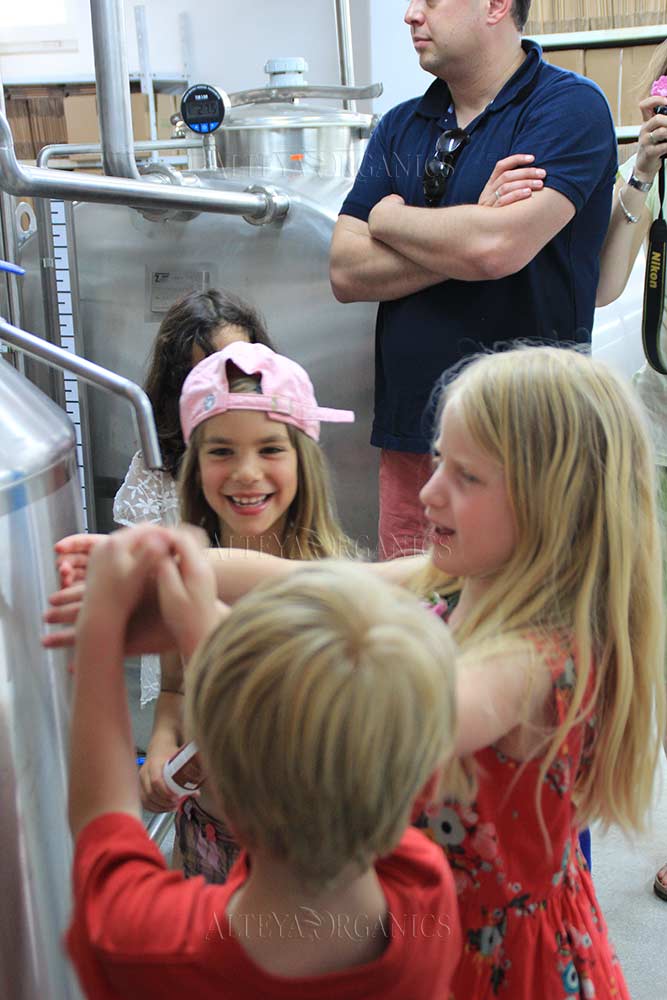 A group of children standing in front of a stainless steel tank filled with bulgarian rose petals from alteya's vast rose fields.