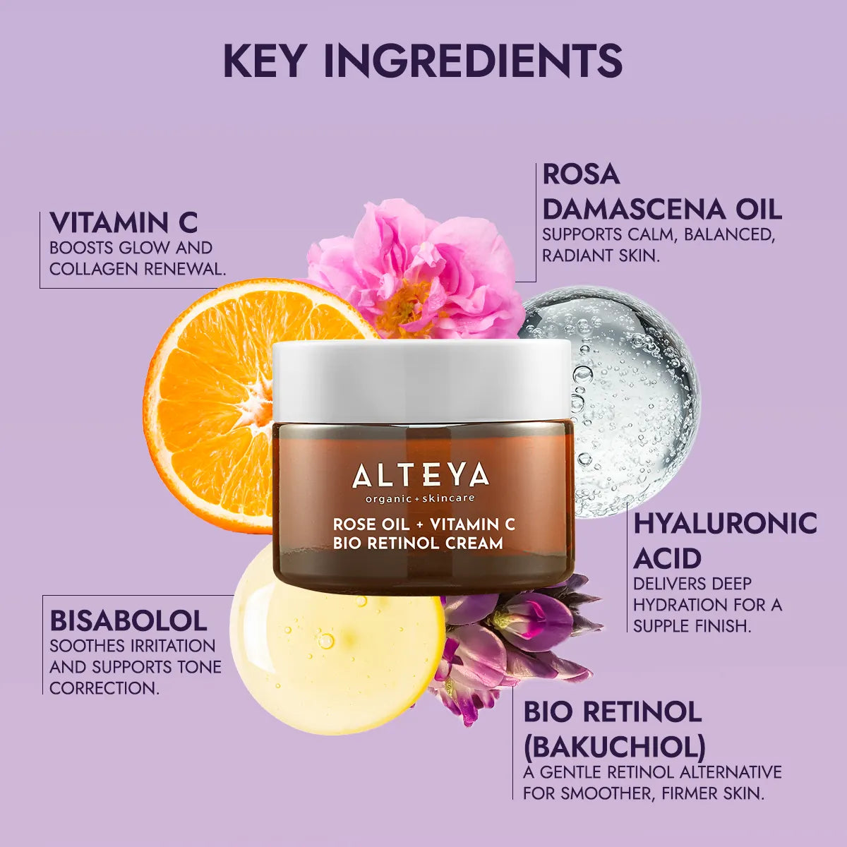 Key Ingredients Benefits bio retinol cream with rose oil &amp; vitamin c