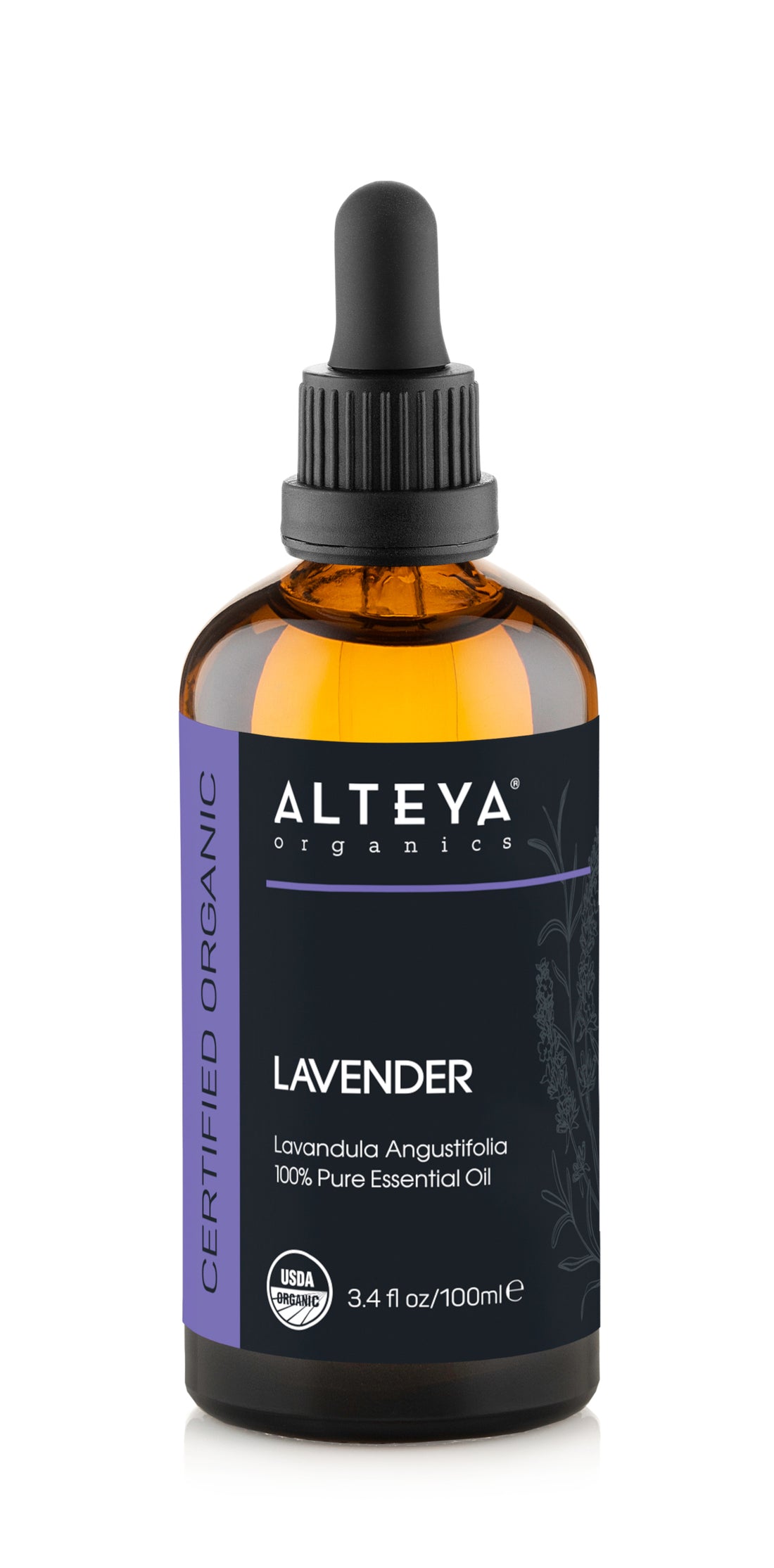 A brown bottle labeled &quot;Alteya Organics Lavender Essential Oil,&quot; with a black dropper cap, shows a USDA Organic logo. This 100% pure oil (3.4 fl oz/100 ml) is ideal for skincare or aromatherapy fans pursuing natural solutions.