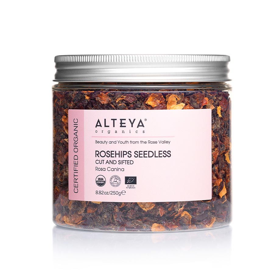 A jar of Rosehips Seedless / Cut and Sifted on a white background.