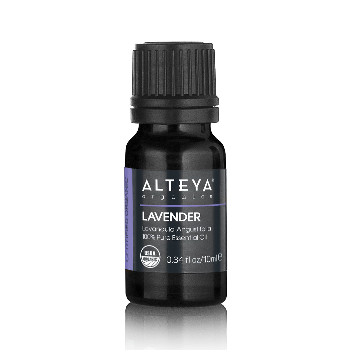This 10ml bottle of Alteya Organics Lavender essential oil /Lavandula vera/ is ideal for skincare and aromatherapy. It is 100% pure, with a sleek black cap, and is shown on a reflective surface below.