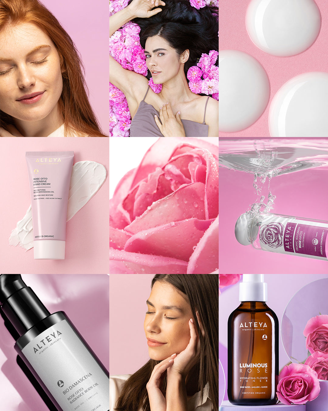 A collage of beauty products featuring rose fields with a pink background.