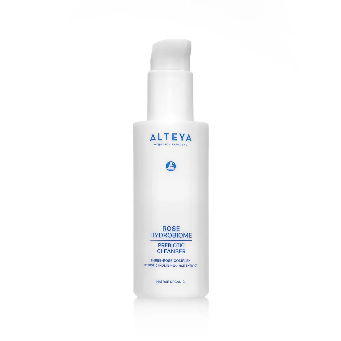 A white bottle of Rose Hydrobiome Prebiotic Cleanser from Alteya Organic Skin Care featuring Rosa Damascena with blue text and a pump dispenser.