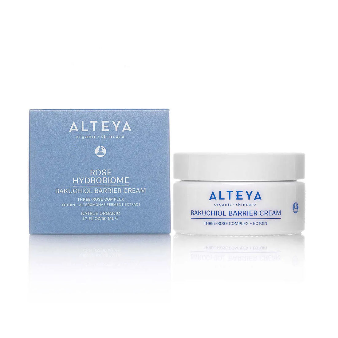 A jar and box of Rose Hydrobiome Bakuchiol Barrier Cream by Alteya. The packaging is blue and white, featuring text that details the product&