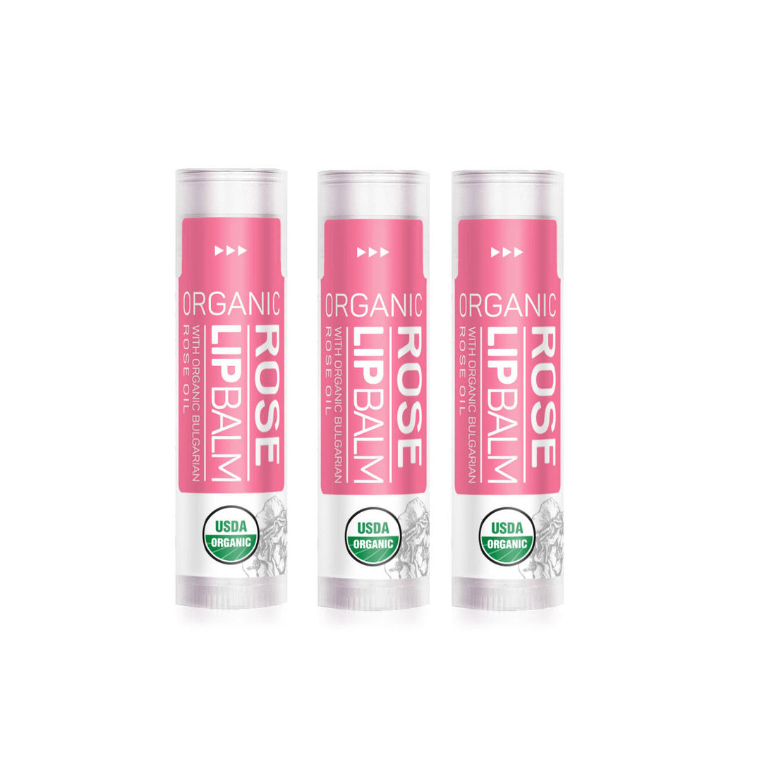 Three tubes of Rose Lip Balm with pink labels, USDA Organic certification, and infused with nourishing rose oil.