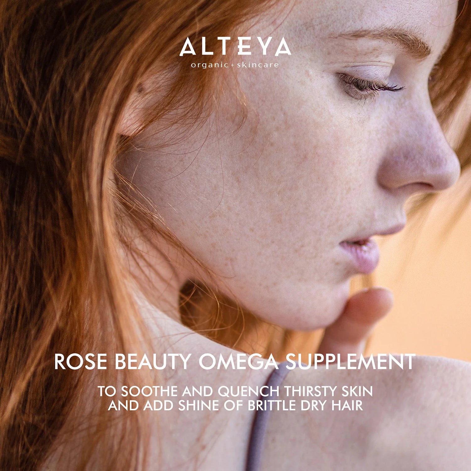 A woman's face with the words bulgarian rose beauty omega supplement.