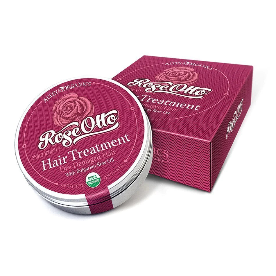 An organic Hair Treatment Rose Otto Dry Damaged Hair Moisturizing that revitalizes with rose oil, packaged in a tin box.