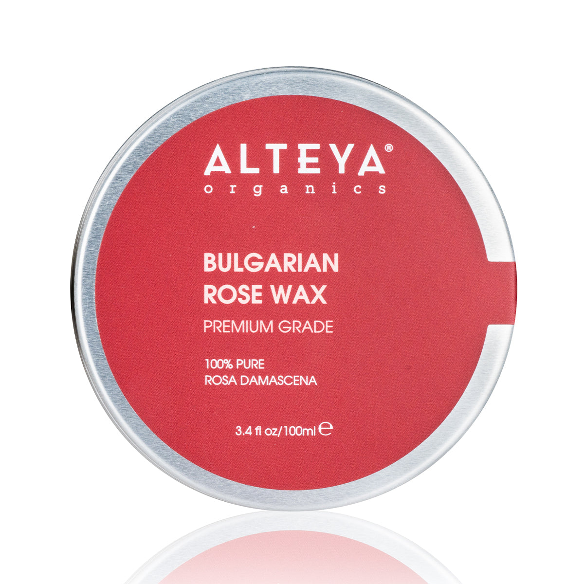 A round tin container with a red label displays &quot;Alteya Organics Rose Concrete - 100% pure,&quot; indicating it is made from Rosa Damascena, a natural product containing 3.4 fl oz or 100 ml.