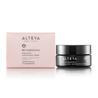 The Bio Damascena Ageless Rose Otto Face Cream infused with Bulgarian Rose oil, is a highly effective organic cream formulated for wrinkle reduction. This premium cream comes packaged in a sleek pink box.