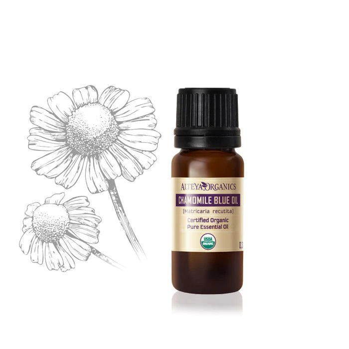 Chamomile, German essential oil /Matricaria recutita/ with a drawing of a flower, perfect for skincare and aromatherapy purposes.